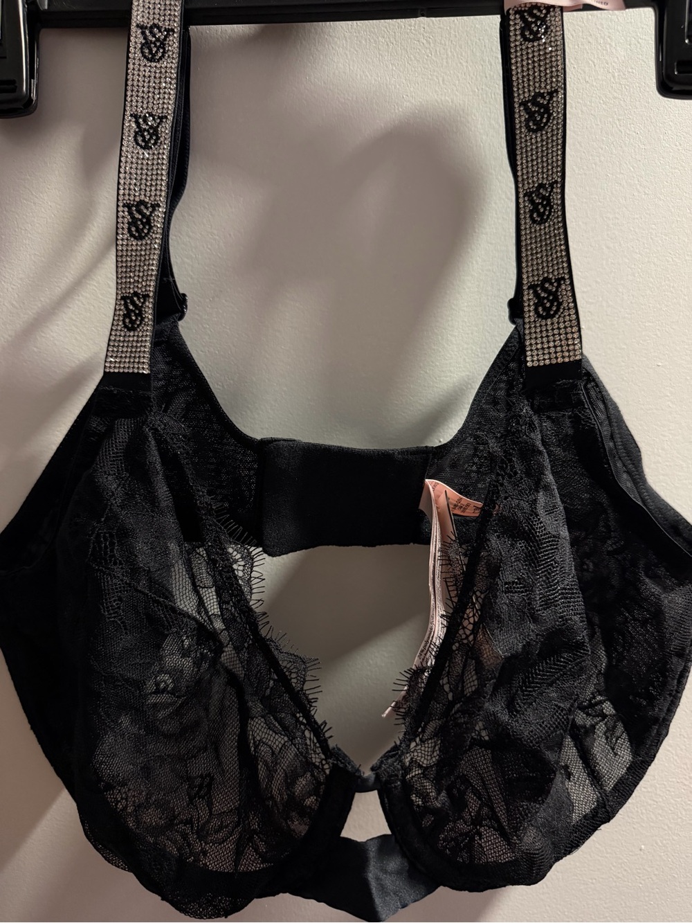 Victoria's Secret Black Lace Underwire Bra with Logo Embellished Straps